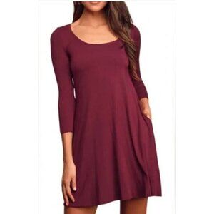 Lulus Dress Womens Medium Burgundy Swing Long Sleeves Scoop Neck Stretch Knit
